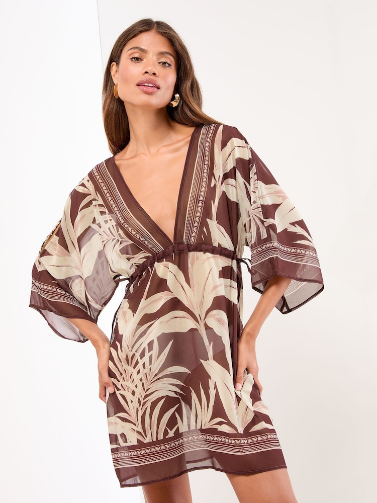 Lipsy Brown Palm Printed Mini Kaftan - Image 1 of 5