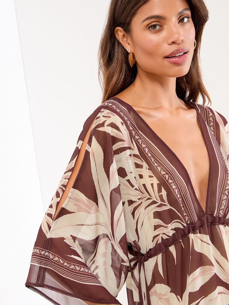 Lipsy Brown Palm Printed Mini Kaftan - Image 2 of 5