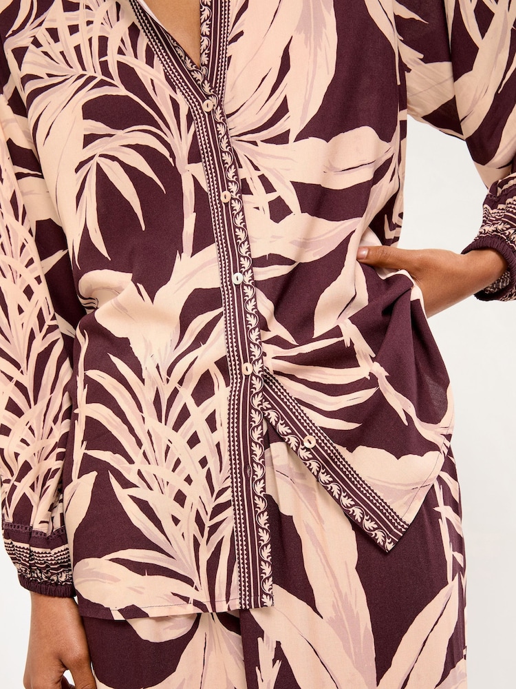 Lipsy Brown Palm Print Relaxed Beach Coverup Shirt - Image 4 of 4