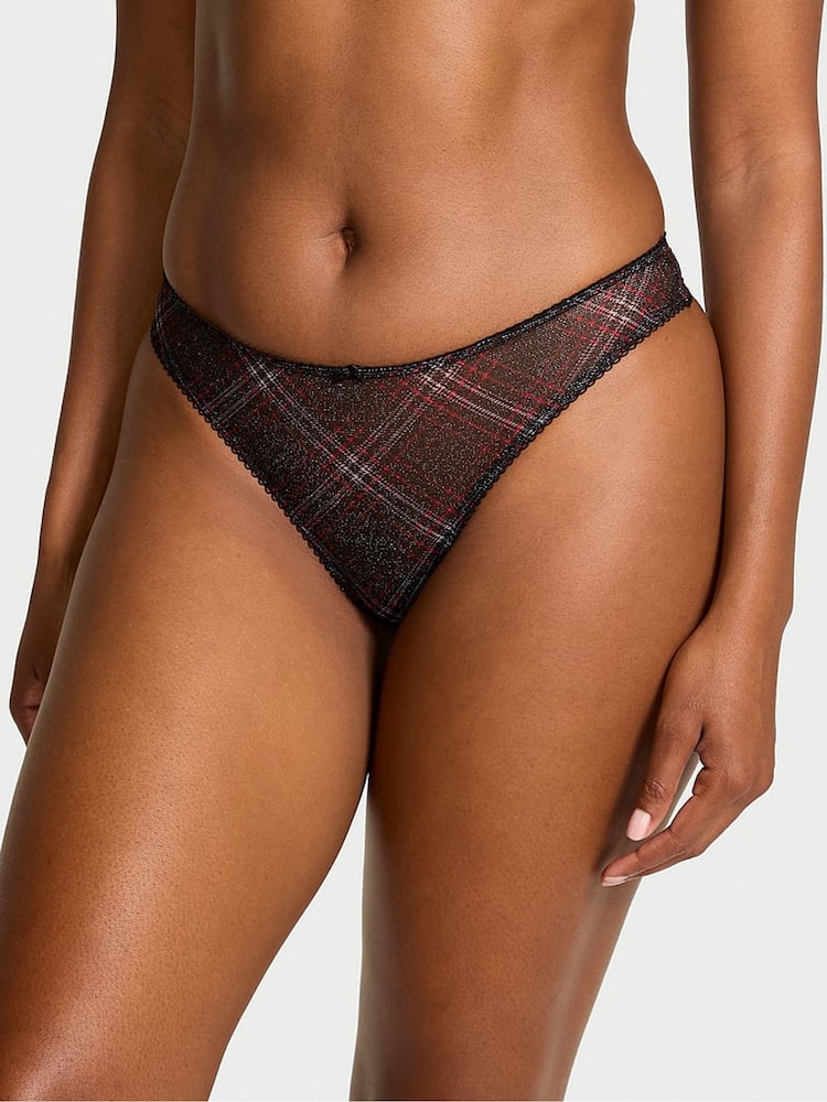 Victoria's Secret Black Thong Shimmer Mesh Tartan Knickers - Image 1 of 3 Victoria's Secret Black Thong Shimmer Mesh Tartan Knickers - Image 1 of 3