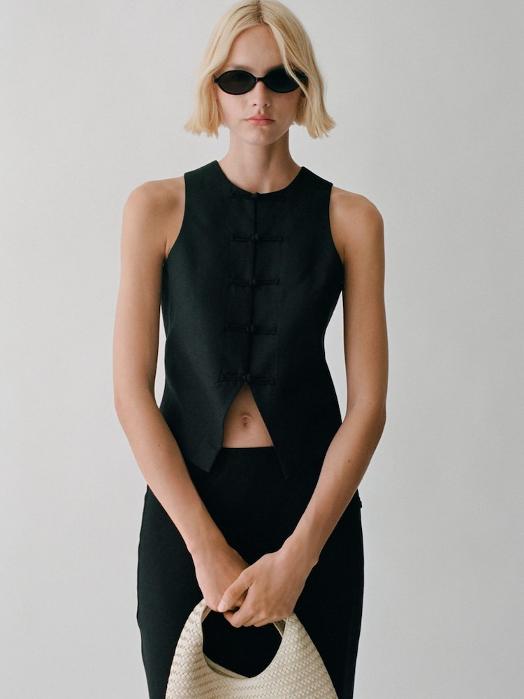 Mango Black Linen Blend Waistcoat - Image 1 of 10