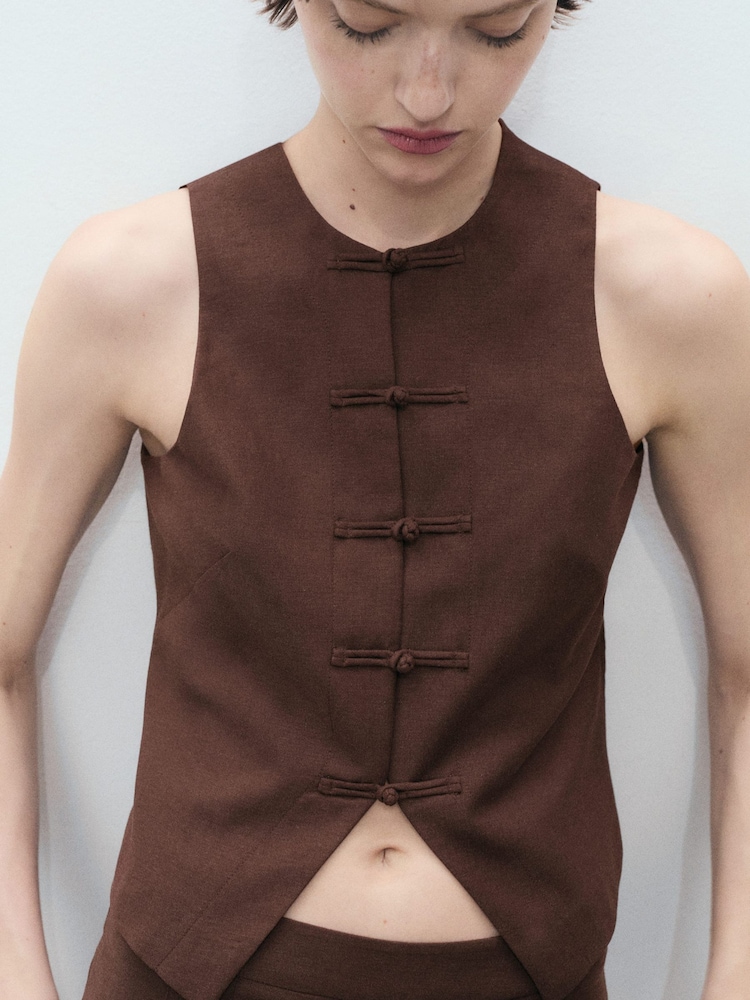 Mango Brown Linen Blend Waistcoat - Image 1 of 8 Mango Brown Linen Blend Waistcoat - Image 1 of 8