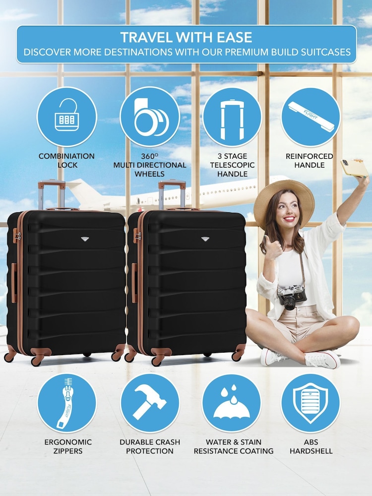 Flight Knight Large Check-In Hold Luggage Hardcase Travel Black Suitcases Set Of 2 - Image 2 of 8 Flight Knight Large Check-In Hold Luggage Hardcase Travel Black Suitcases Set Of 2 - Image 2 of 8