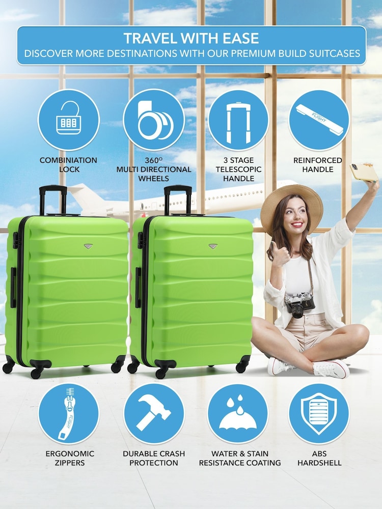 Flight Knight Large Green Check-In Hold Luggage Hardcase Travel Suitcases Set Of 2 - Image 2 of 8 Flight Knight Large Green Check-In Hold Luggage Hardcase Travel Suitcases Set Of 2 - Image 2 of 8