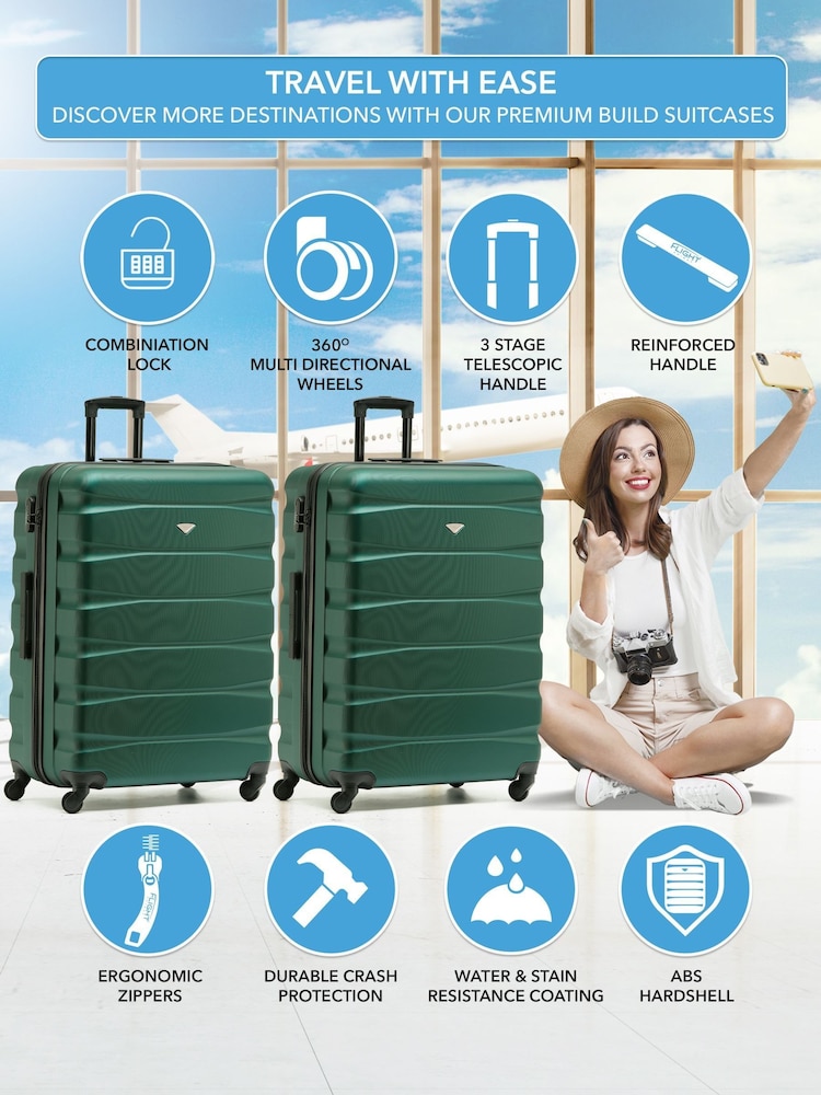 Flight Knight Large Green Check-In Hold Luggage Hardcase Travel Suitcases Set Of 2 - Image 2 of 8