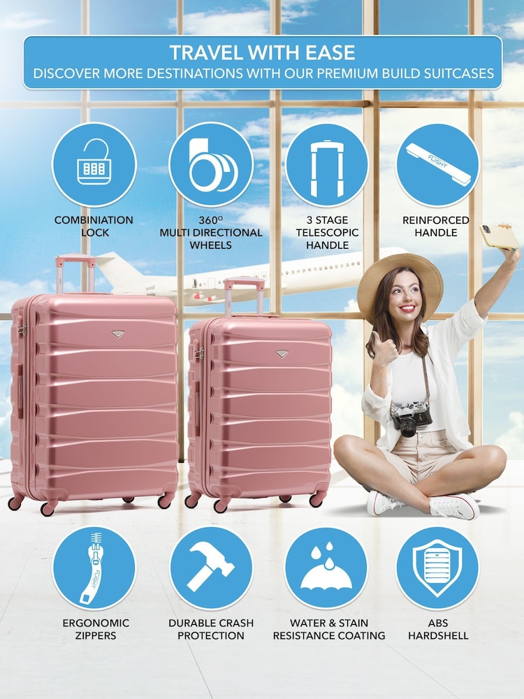 Flight Knight Medium and Large Pink Check-In Hold Luggage Hardcase Travel Suitcases Set Of 2 - Image 2 of 8 Flight Knight Medium and Large Pink Check-In Hold Luggage Hardcase Travel Suitcases Set Of 2 - Image 2 of 8