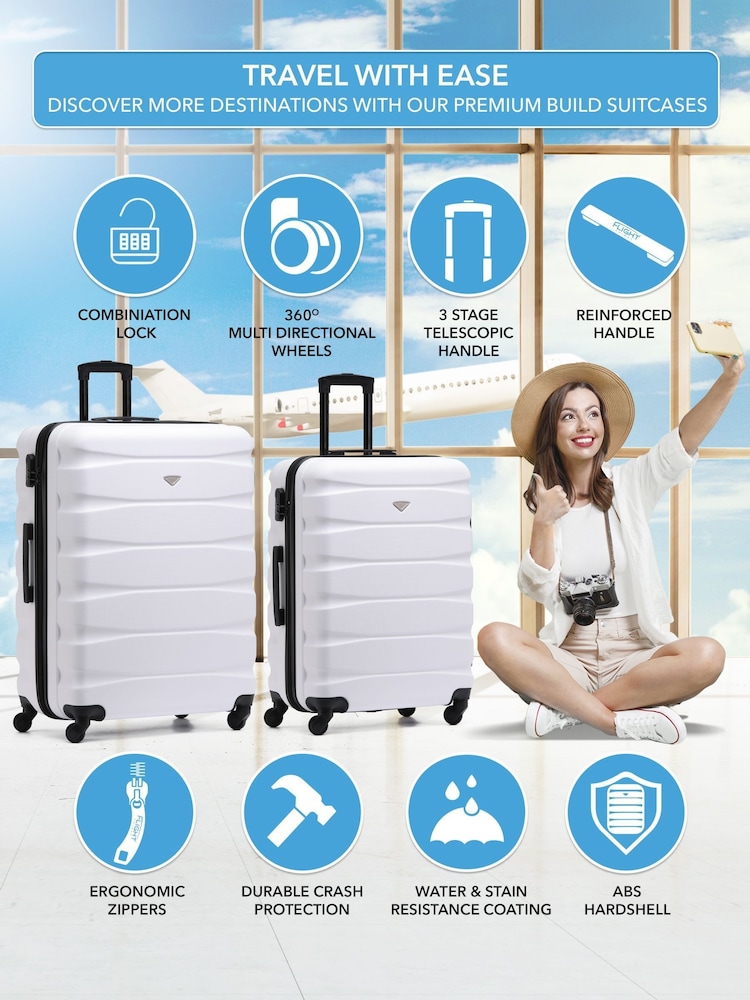 Flight Knight Medium and Large Check-In Hold Luggage Hardcase Travel White Suitcases Set Of 2 - Image 2 of 8
