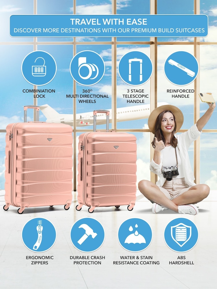 Flight Knight Medium and Large Pink Check-In Hold Luggage Hardcase Travel Suitcases Set Of 2 - Image 2 of 8 Flight Knight Medium and Large Pink Check-In Hold Luggage Hardcase Travel Suitcases Set Of 2 - Image 2 of 8