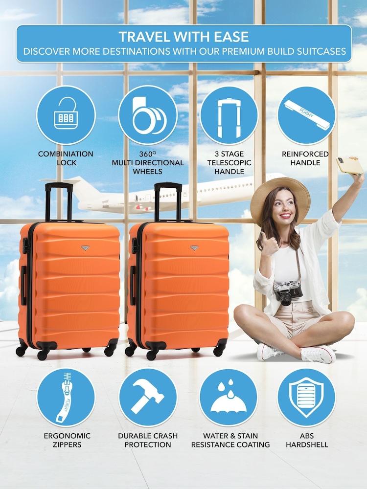 Flight Knight Medium Orange Check-In Hold Luggage Hardcase Travel Suitcases Set Of 2 - Image 2 of 8