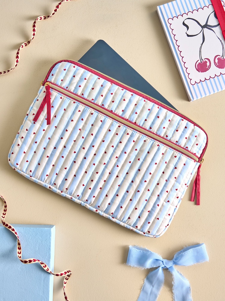 Cream/Blue Stripe Love Heart Print Laptop Sleeve - Image 1 of 4