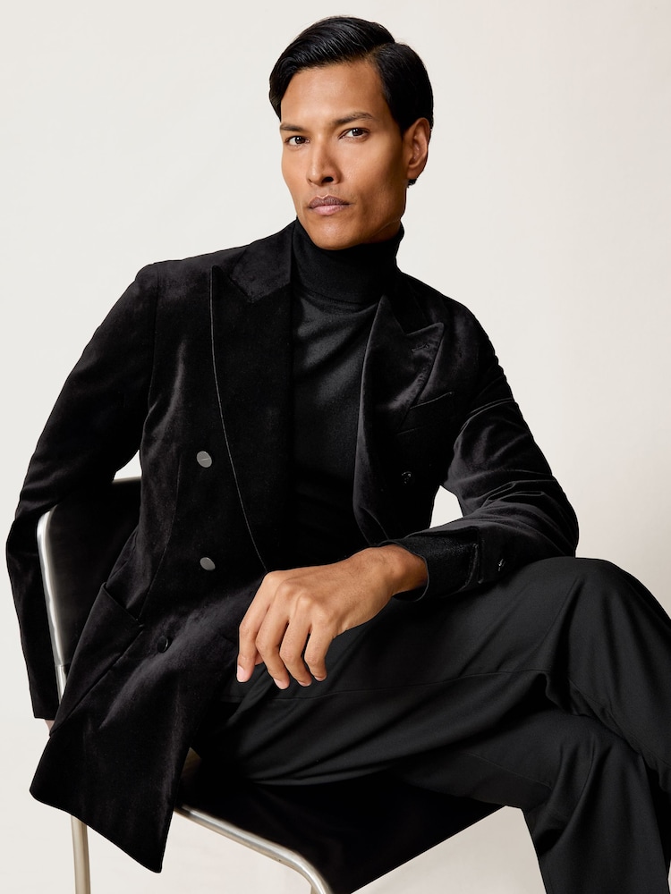 Schwarz - Reiss Royale Double-Breasted Velvet Blazer Regular-Fit - Bild 1 von 10