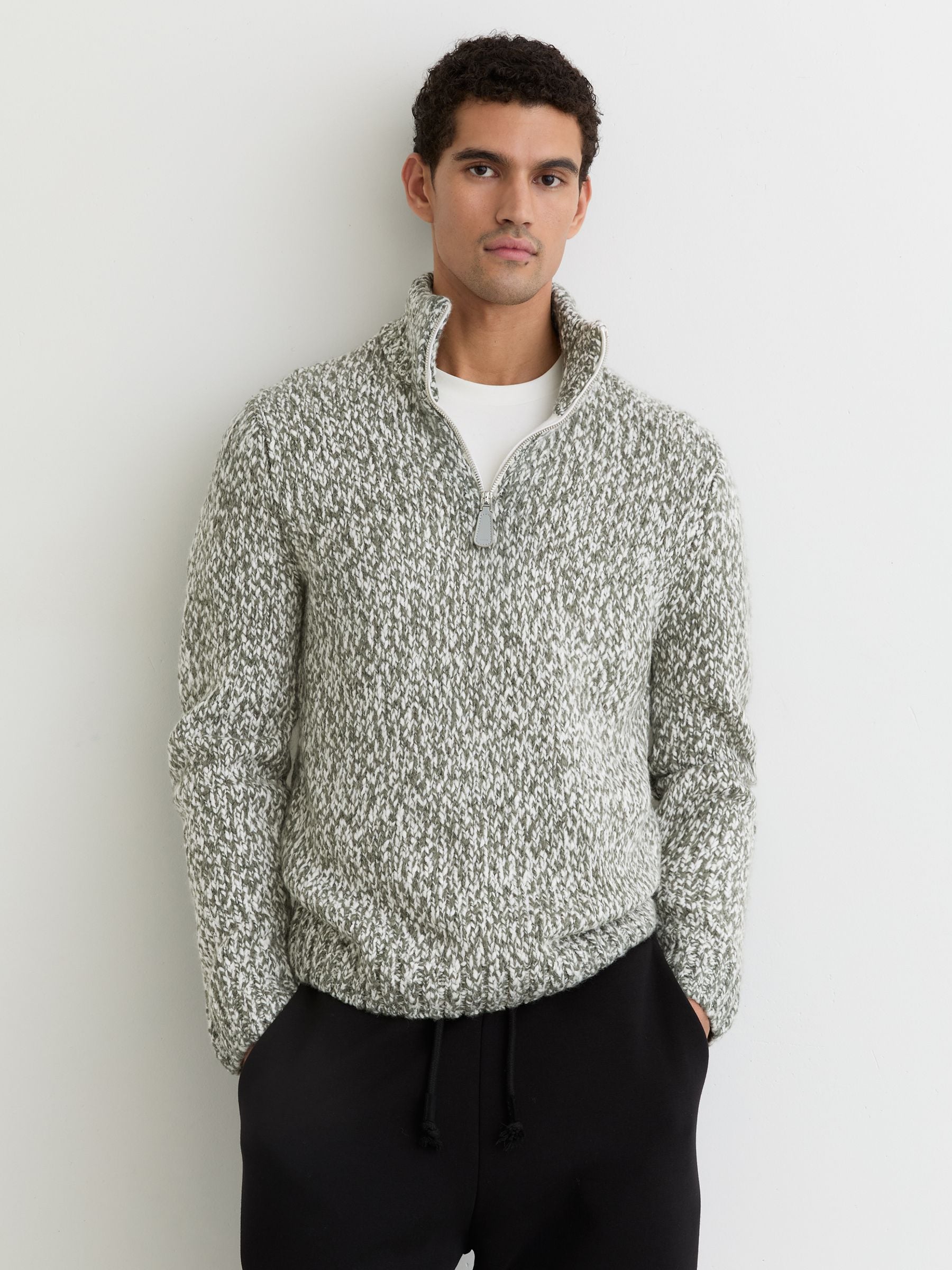 REISS REISS SAGE GREEN MELANGE SEB MARLED HALF-ZIP KNITTED JUMPER WITH WOOL
