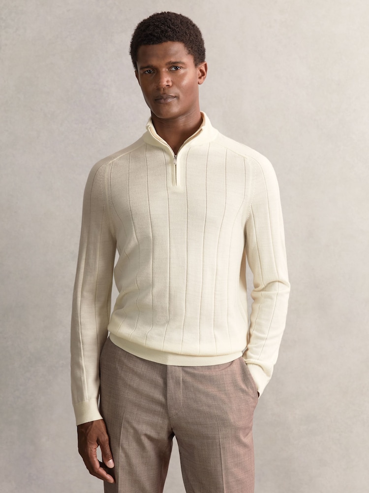 Reiss Bianco Findlay Merino Wool Wide-Rib Half-Zip Jumper - Image 1 of 7 Reiss Bianco Findlay Merino Wool Wide-Rib Half-Zip Jumper - Image 1 of 7