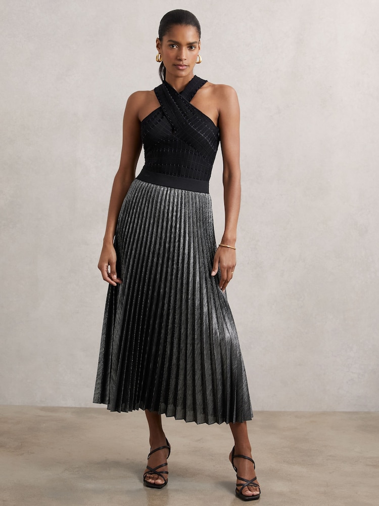 Reiss Charcoal Grey Taylor Metallic Pleated Midi Skirt - Image 1 of 6 Reiss Charcoal Grey Taylor Metallic Pleated Midi Skirt - Image 1 of 6