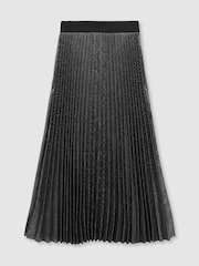 Reiss Charcoal Grey Taylor Metallic Pleated Midi Skirt - Image 2 of 6