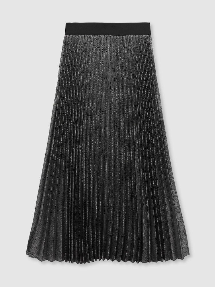 Reiss Charcoal Grey Taylor Metallic Pleated Midi Skirt - Image 2 of 6 Reiss Charcoal Grey Taylor Metallic Pleated Midi Skirt - Image 2 of 6
