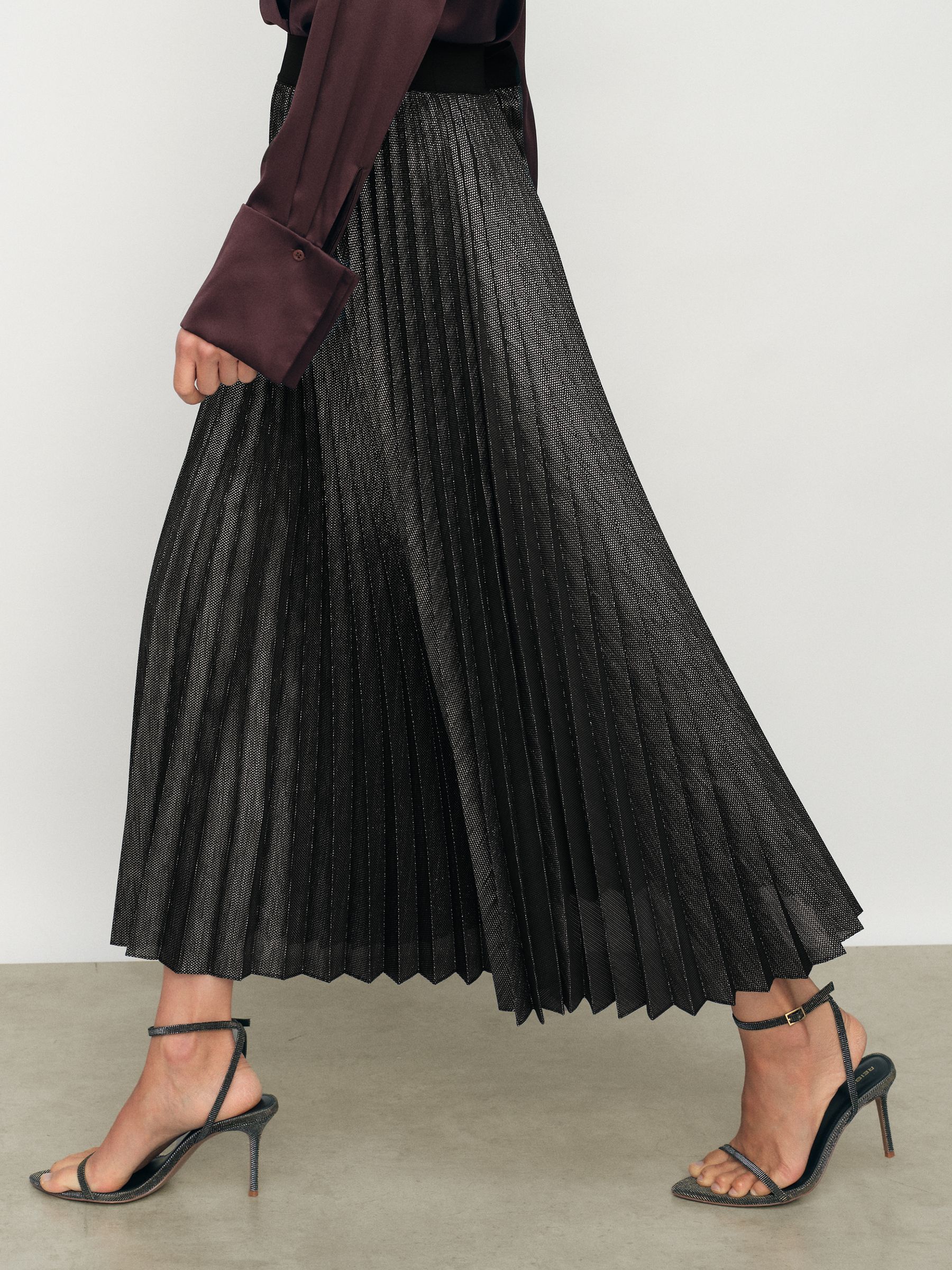 Buy Reiss Charcoal Grey Taylor Metallic Pleated Midi Skirt from