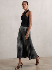 Reiss Charcoal Grey Taylor Metallic Pleated Midi Skirt - Image 3 of 6
