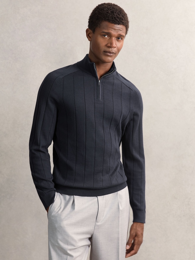 Reiss Airforce Blue Findlay Merino Wool Wide-Rib Half-Zip Jumper - Image 1 of 6 Reiss Airforce Blue Findlay Merino Wool Wide-Rib Half-Zip Jumper - Image 1 of 6