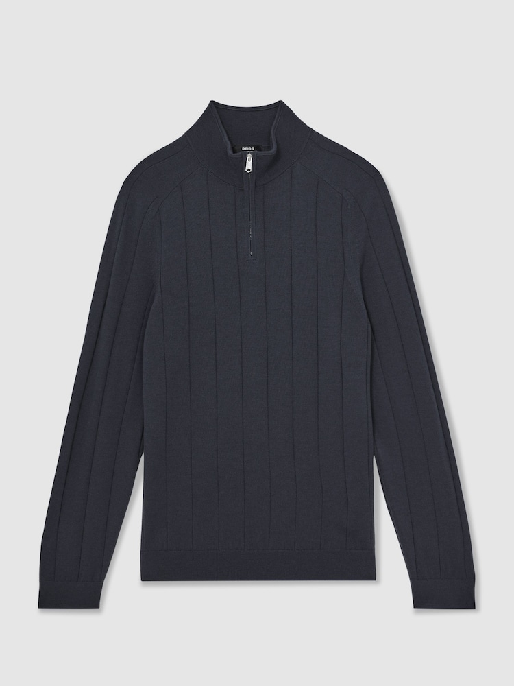 Reiss Airforce Blue Findlay Merino Wool Wide-Rib Half-Zip Jumper - Image 2 of 6 Reiss Airforce Blue Findlay Merino Wool Wide-Rib Half-Zip Jumper - Image 2 of 6