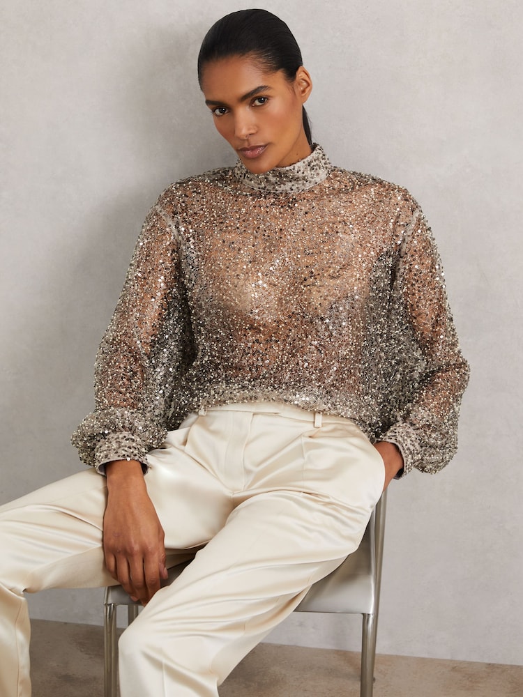 Reiss Silver Sienna High-Neck Embellished Top - Image 1 of 7 Reiss Silver Sienna High-Neck Embellished Top - Image 1 of 7