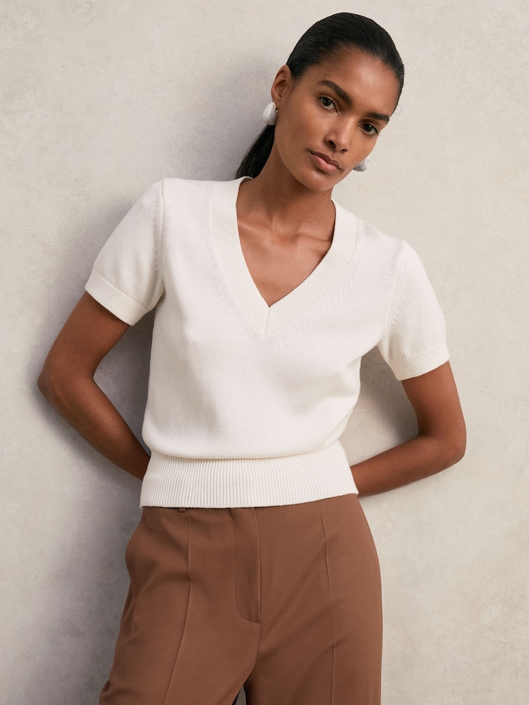Reiss Ivory Valerie Cotton-Wool Knit V-Neck Top - Image 1 of 7
