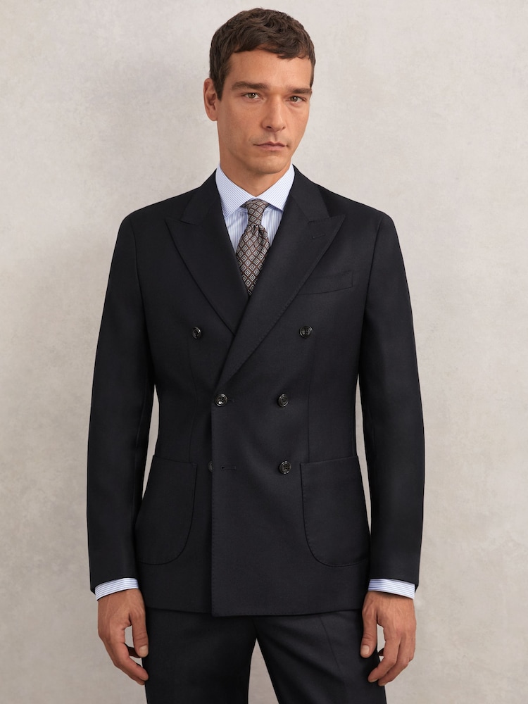 Reiss Navy Muse Wool-Flannel Double-Breasted Blazer Tailored-Fit - Image 1 of 8 Reiss Navy Muse Wool-Flannel Double-Breasted Blazer Tailored-Fit - Image 1 of 8