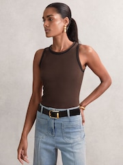 Reiss Chocolate Brown/Black Becca Stretch-Cotton Jersey Tipped Vest - Image 1 of 5