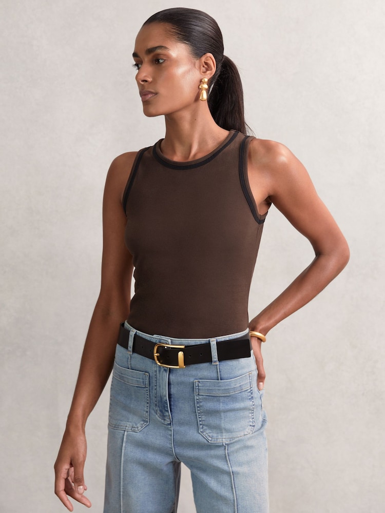 Reiss Chocolate Brown/Black Becca Stretch-Cotton Jersey Tipped Vest - Image 1 of 5 Reiss Chocolate Brown/Black Becca Stretch-Cotton Jersey Tipped Vest - Image 1 of 5