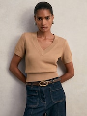 Reiss Camel Valerie Cotton-Wool Knit V-Neck Top - Image 1 of 6