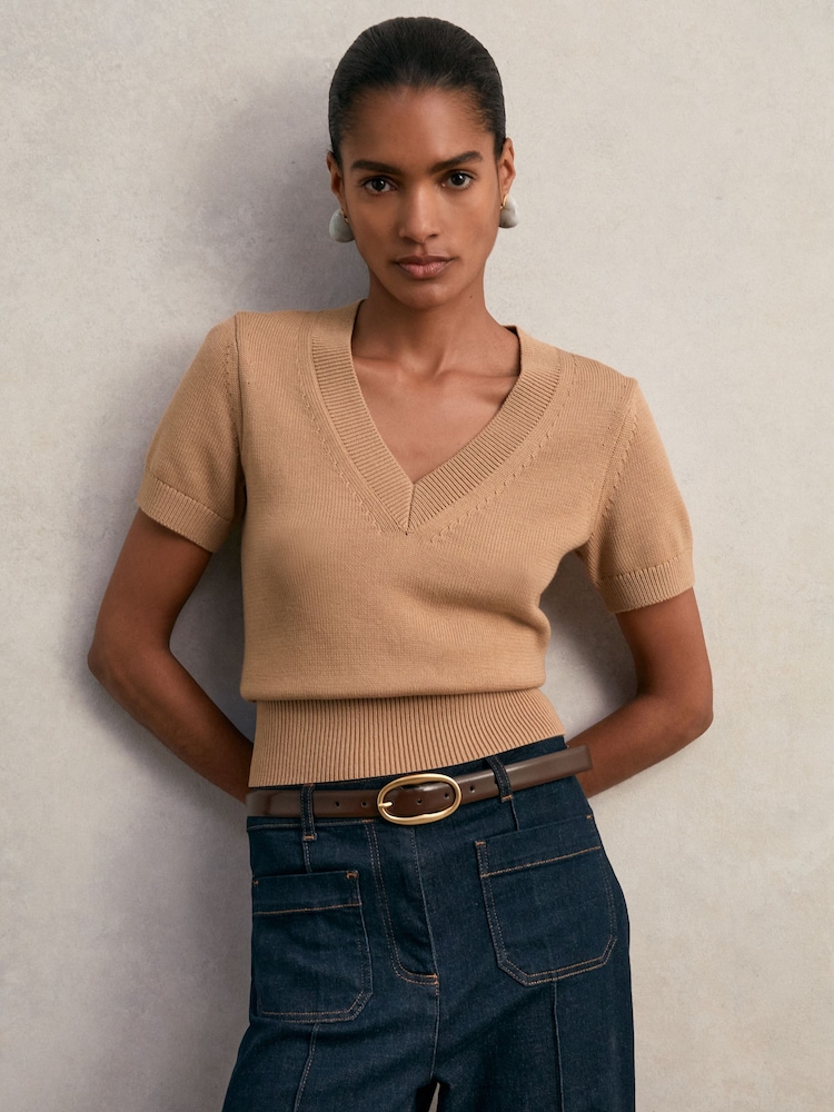 Reiss Camel Valerie Cotton-Wool Knit V-Neck Top - Image 1 of 6