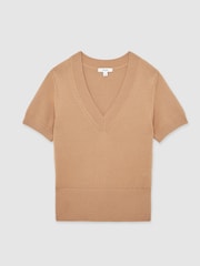 Reiss Camel Valerie Cotton-Wool Knit V-Neck Top - Image 2 of 6