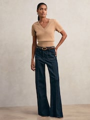 Reiss Camel Valerie Cotton-Wool Knit V-Neck Top - Image 3 of 6