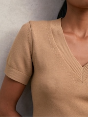 Reiss Camel Valerie Cotton-Wool Knit V-Neck Top - Image 4 of 6