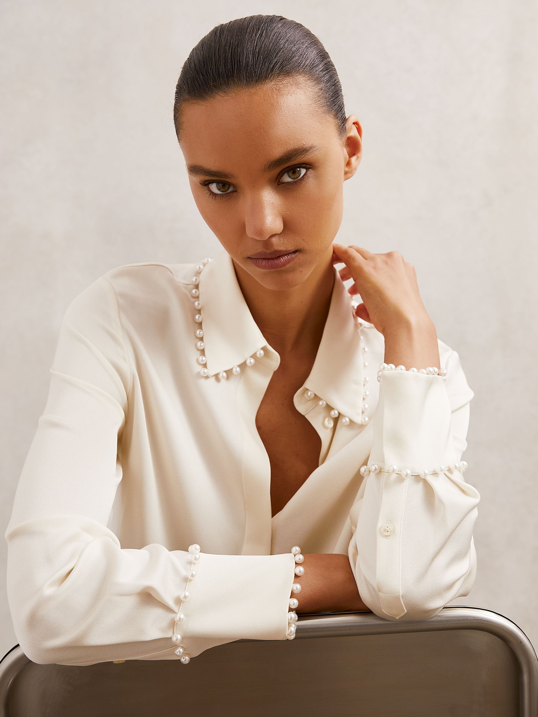 Buy Reiss Ivory Lois Satin Faux-Pearl Trim Shirt from Next USA
