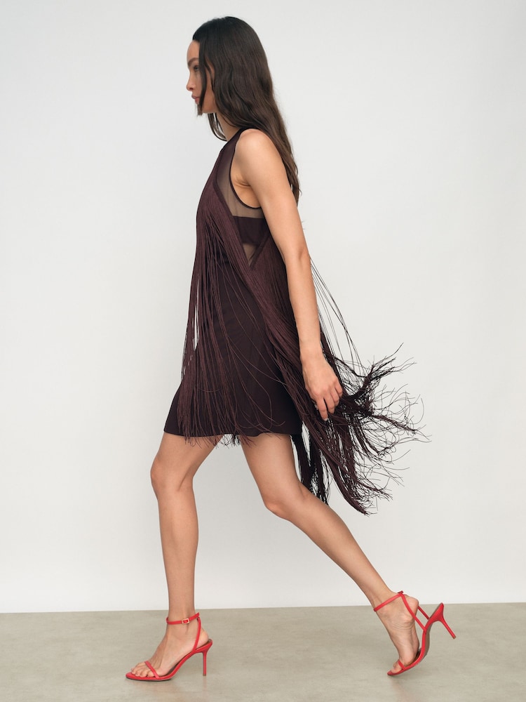 Reiss Burgundy Farrow Fringe-Detail Sheer-Panel Mini Dress - Image 1 of 7 Reiss Burgundy Farrow Fringe-Detail Sheer-Panel Mini Dress - Image 1 of 7