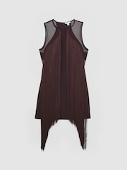 Reiss Burgundy Farrow Fringe-Detail Sheer-Panel Mini Dress - Image 2 of 7