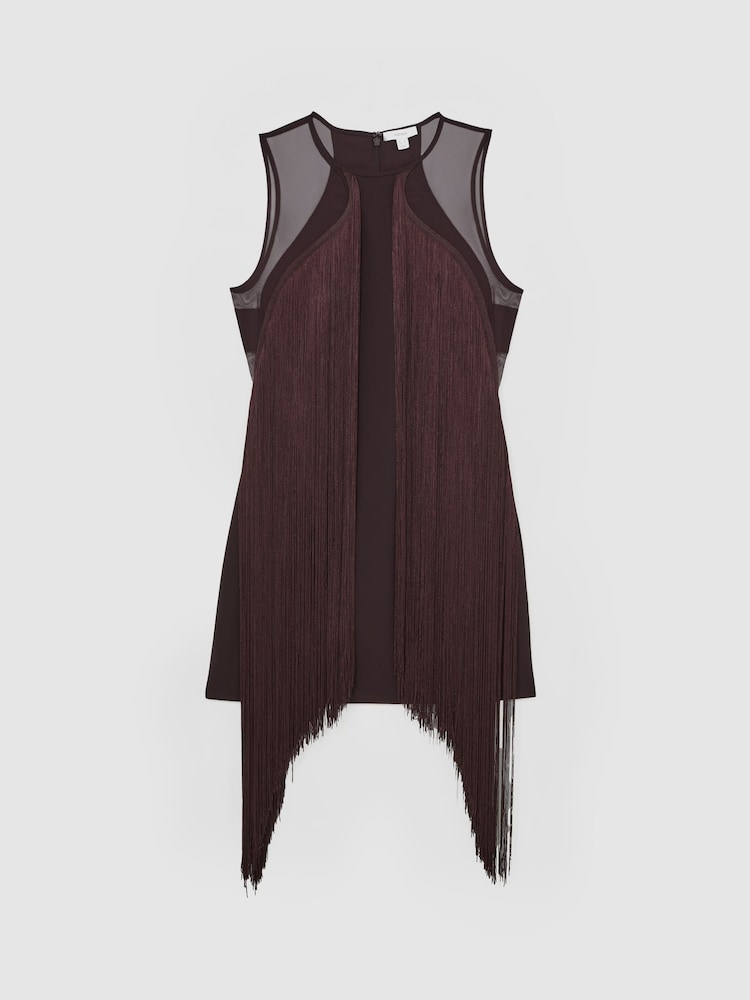 Reiss Burgundy Farrow Fringe-Detail Sheer-Panel Mini Dress - Image 2 of 7 Reiss Burgundy Farrow Fringe-Detail Sheer-Panel Mini Dress - Image 2 of 7