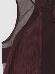 Reiss Burgundy Farrow Fringe-Detail Sheer-Panel Mini Dress - Image 7 of 7