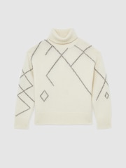 Reiss Cream/Taupe Brown Cookie Wool-Blend Roll-Neck Argyle Jumper - Image 2 of 6