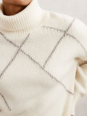 Reiss Cream/Taupe Brown Cookie Wool-Blend Roll-Neck Argyle Jumper - Image 3 of 6