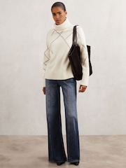 Reiss Cream/Taupe Brown Cookie Wool-Blend Roll-Neck Argyle Jumper - Image 4 of 6