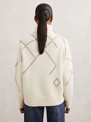 Reiss Cream/Taupe Brown Cookie Wool-Blend Roll-Neck Argyle Jumper - Image 5 of 6