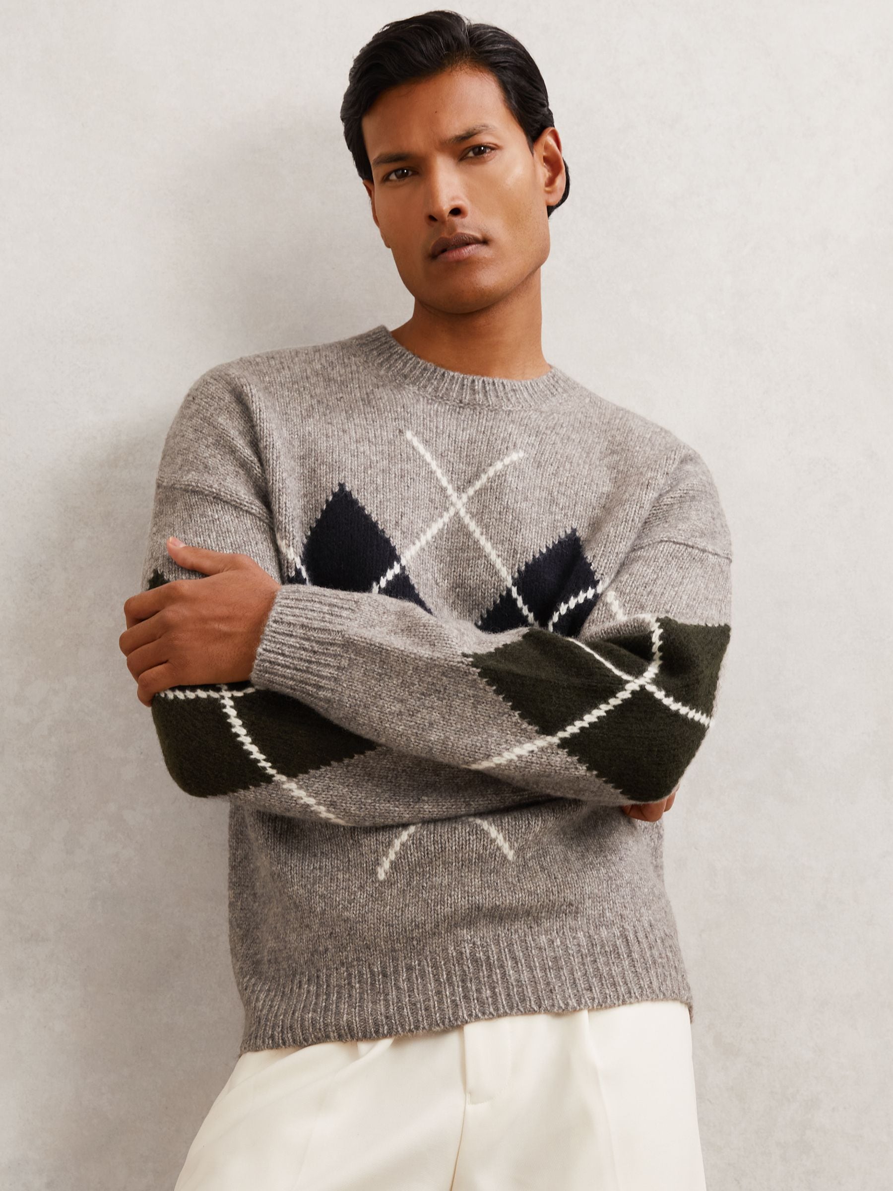 Buy Reiss Oatmeal Cooke Wool-Blend Crew-Neck Argyle Jumper from
