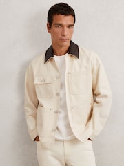 Off White - Reiss Clapper Denim Leather-Collar Worker Jacket - Imagen 1 de 8