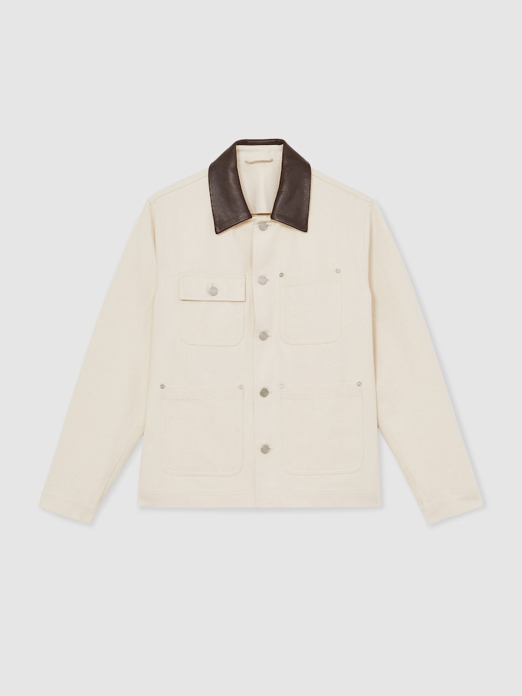 Off White - Reiss Clapper Denim Leather-Collar Worker Jacket - Imagen 2 de 8