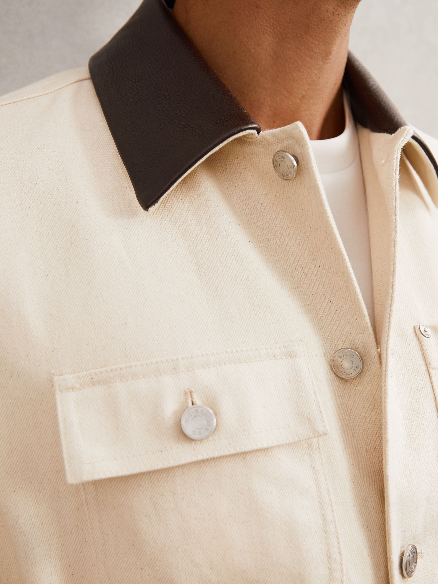 Buy Reiss Off White Clapper Denim Leather-Collar Worker Jacket