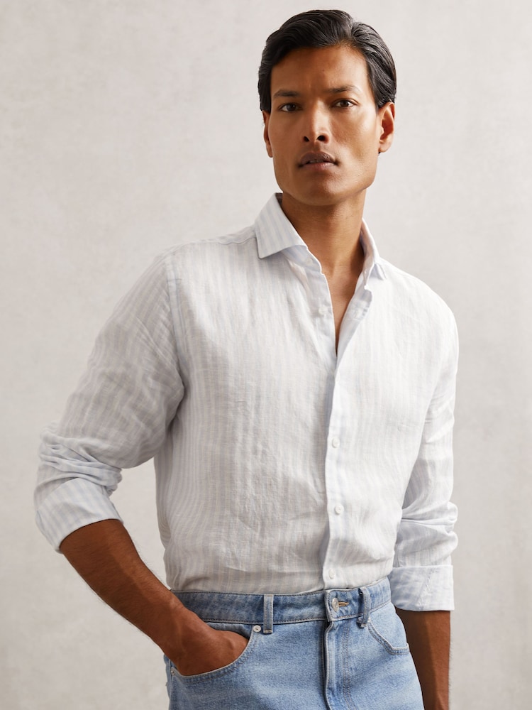 Reiss Pale Blue/White Stripe Ruban Shirt - Image 1 of 7 Reiss Pale Blue/White Stripe Ruban Shirt - Image 1 of 7