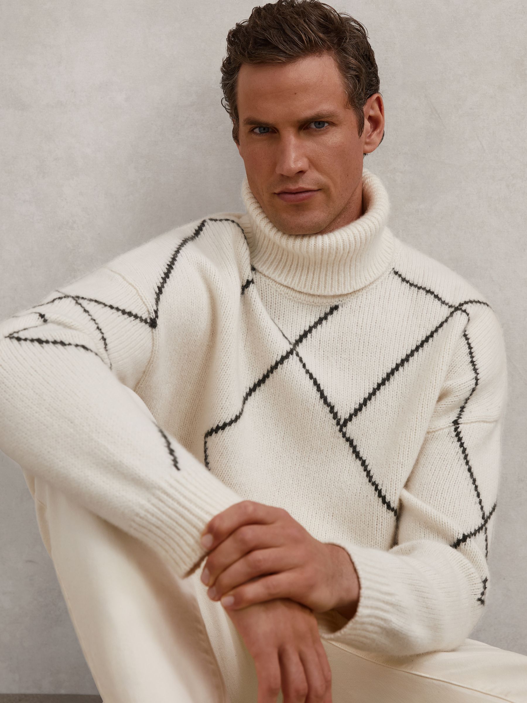 Buy Reiss Off White Links Wool-Blend Roll-Neck Argyle Jumper from