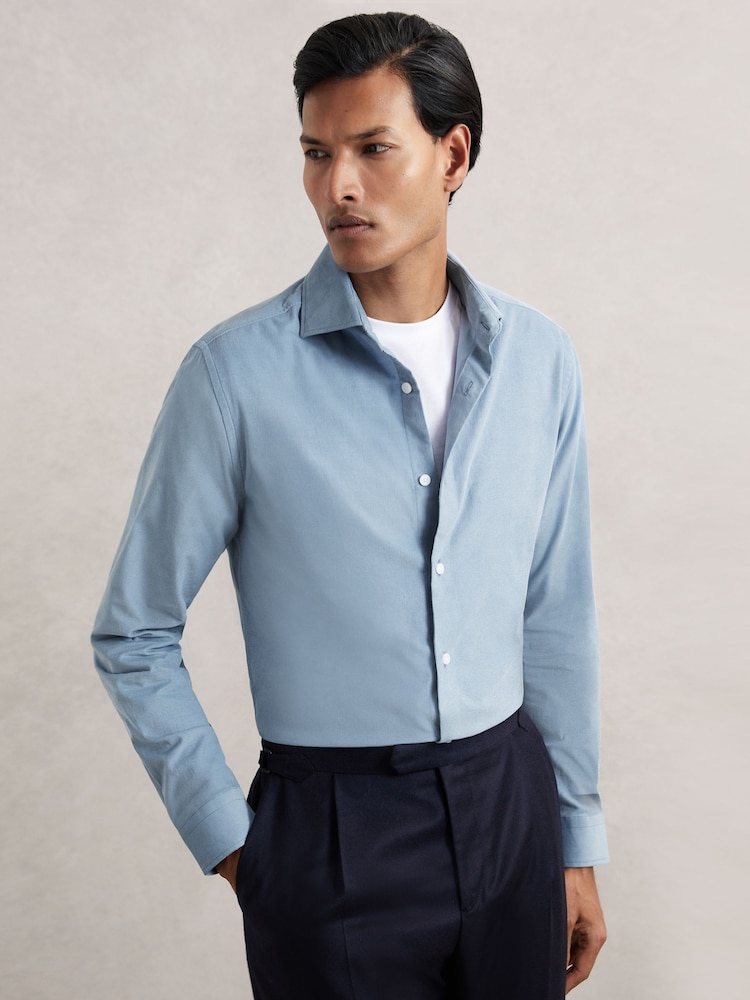 Reiss Airforce Blue Velma Cotton Corduroy Cutaway-Collar Shirt - Image 1 of 6 Reiss Airforce Blue Velma Cotton Corduroy Cutaway-Collar Shirt - Image 1 of 6